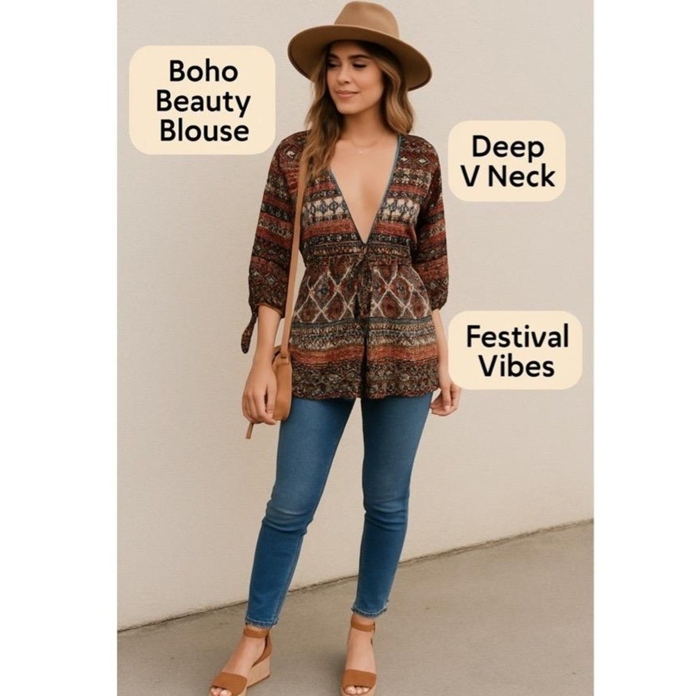 EMBER Coffee Brown Deep V neck Tie Cuffs Indie Boho Blouse‎ Top Large